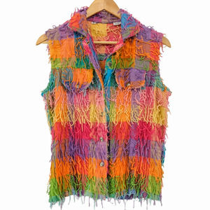 Plaid Eyelash Fringe Multicolor Vest Small